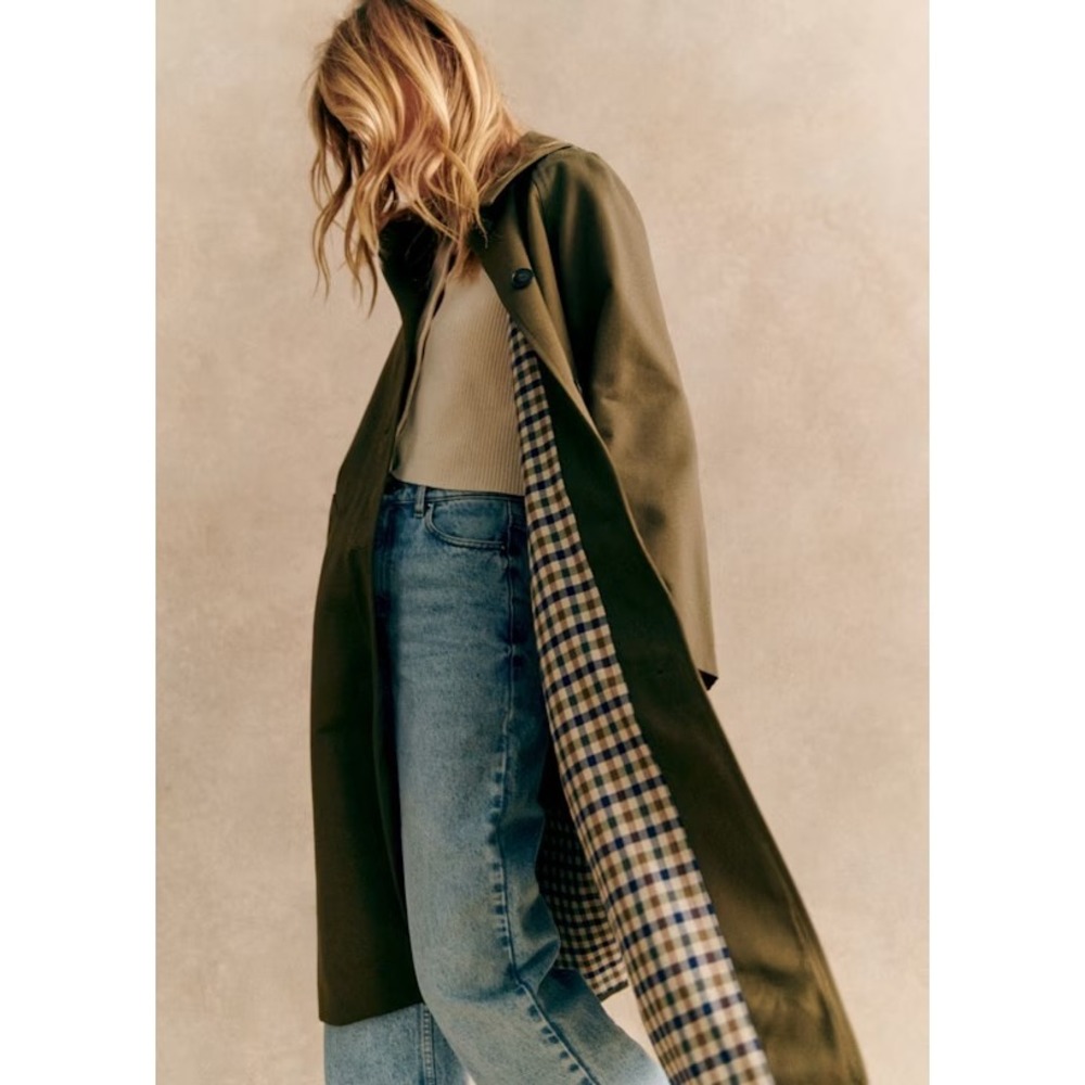 Sezane Clyde Trench Coat Dark Khaki Olive Green Cotton Jacket FR 40 US 8 NEW